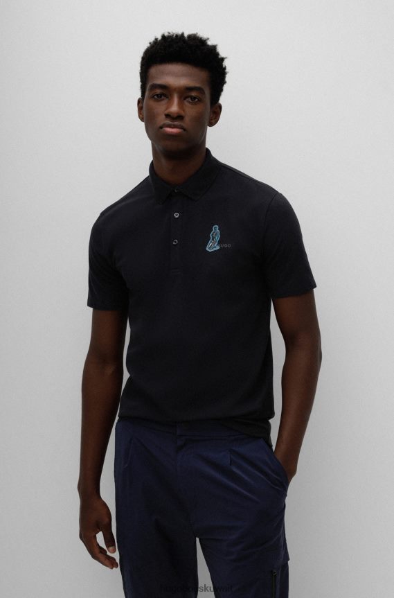 4TFNJN4295 أسود Hugo Boss قميص بولو من القطن المطاطي بقصة ضيقة مع طباعة روبوت باللون الأسود