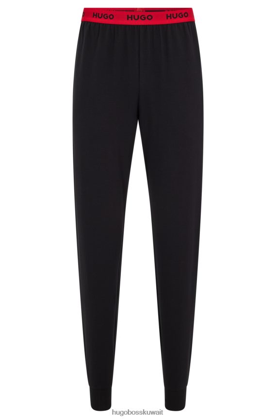 4TFNJN4299 أسود Hugo Boss بنطلون بيجامة من القطن المطاطي باللون الأسود من Hugo مع حزام خصر يحمل الشعار