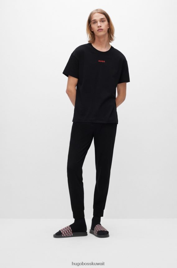 4TFNJN4299 أسود Hugo Boss بنطلون بيجامة من القطن المطاطي باللون الأسود من Hugo مع حزام خصر يحمل الشعار