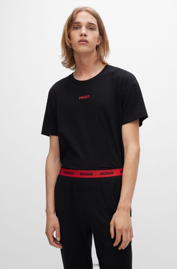 4TFNJN4299 أسود Hugo Boss بنطلون بيجامة من القطن المطاطي باللون الأسود من Hugo مع حزام خصر يحمل الشعار