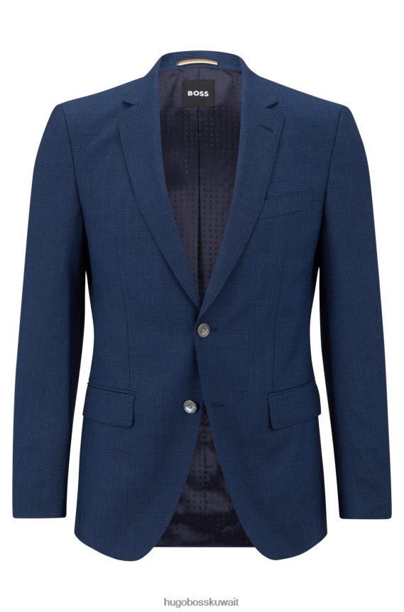4TFNJN4301 أزرق غامق Hugo Boss سترة بقصّة ضيّقة مصنوعة من نسيج قطني مضلع من الصوف البكر باللون الأزرق الداكن