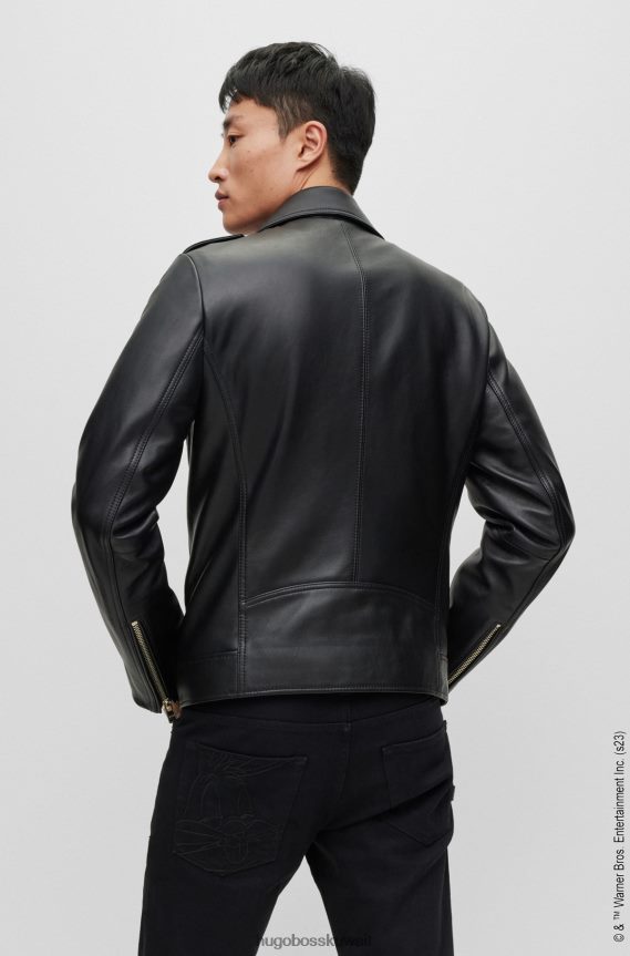 4TFNJN4303 أسود Hugo Boss لوني تونز X سترة جلدية غير متماثلة مع بطانة مونوغرام