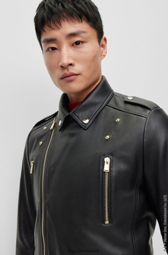 4TFNJN4303 أسود Hugo Boss لوني تونز X سترة جلدية غير متماثلة مع بطانة مونوغرام