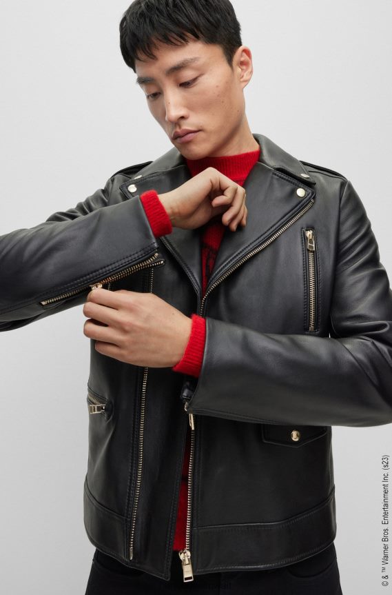 4TFNJN4303 أسود Hugo Boss لوني تونز X سترة جلدية غير متماثلة مع بطانة مونوغرام