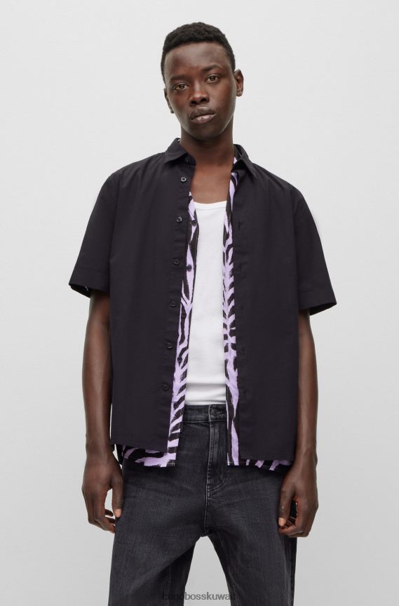 4TFNJN4307 أسود Hugo Boss قميص Hugo مريح من القطن المطاطي باللون الأسود