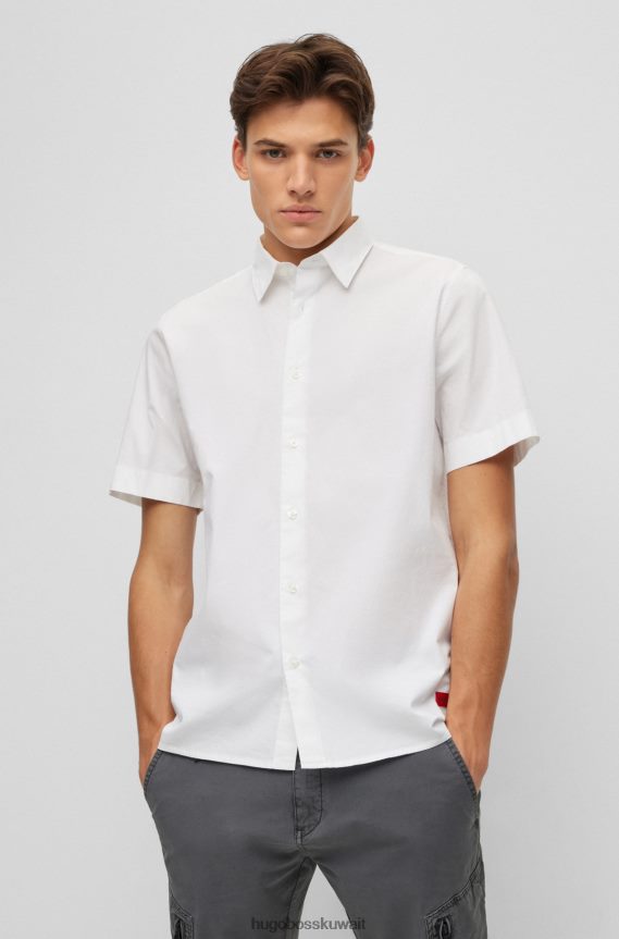 4TFNJN4309 أبيض Hugo Boss قميص أبيض بقصة مريحة مصنوع من قطن هوغو المطاطي باللون الخوخي