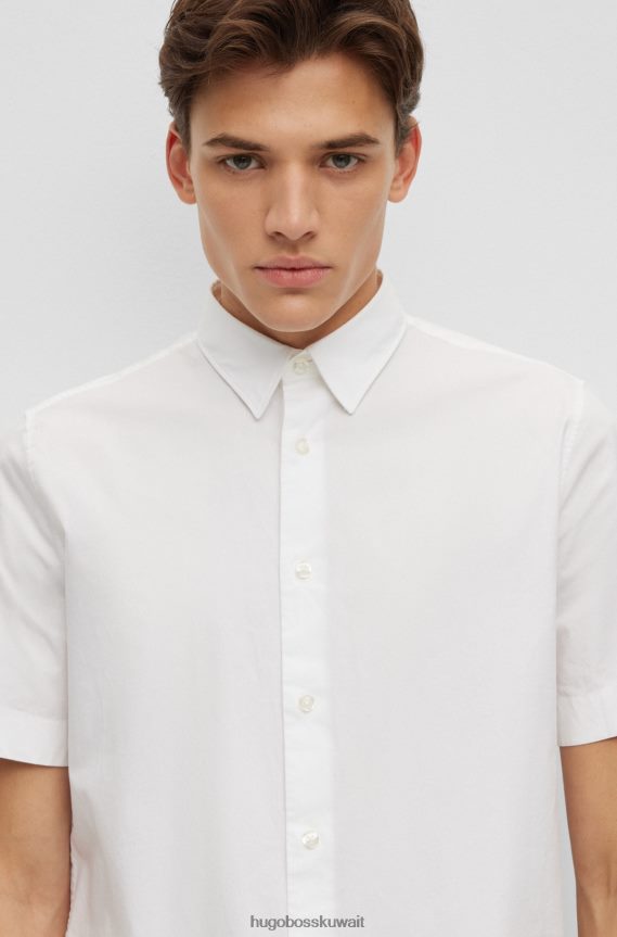 4TFNJN4309 أبيض Hugo Boss قميص أبيض بقصة مريحة مصنوع من قطن هوغو المطاطي باللون الخوخي