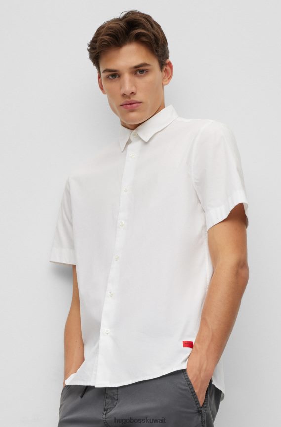 4TFNJN4309 أبيض Hugo Boss قميص أبيض بقصة مريحة مصنوع من قطن هوغو المطاطي باللون الخوخي