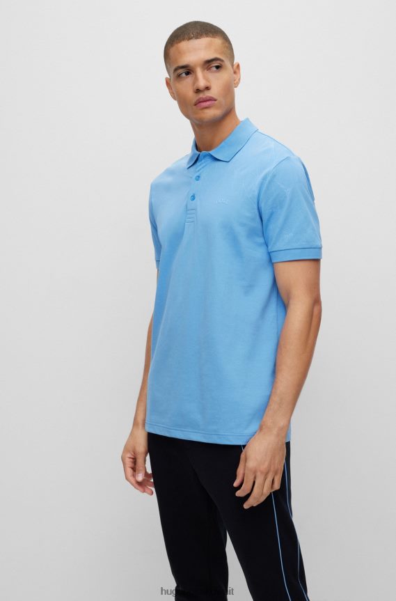 4TFNJN4334 أزرق Hugo Boss قميص بولو بقصة ضيقة من مزيج القطن مع عمل فني شبكي باللون الأزرق