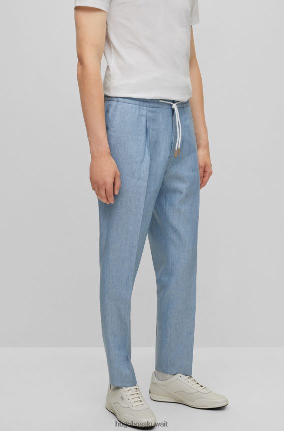 4TFNJN4351 أزرق فاتح Hugo Boss بنطلون هوغو متعرج باللون الأزرق الفاتح مصنوع من الكتان والصوف والحرير