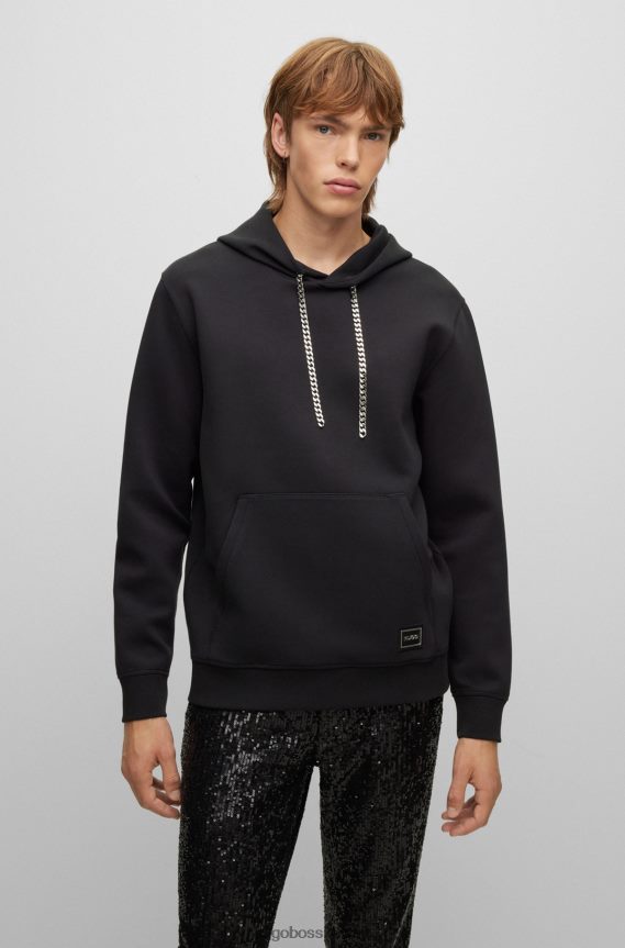 4TFNJN4352 أسود Hugo Boss هودي هوغو من مزيج القطن بتصميم مريح باللون الأسود مع حبال سلسلة