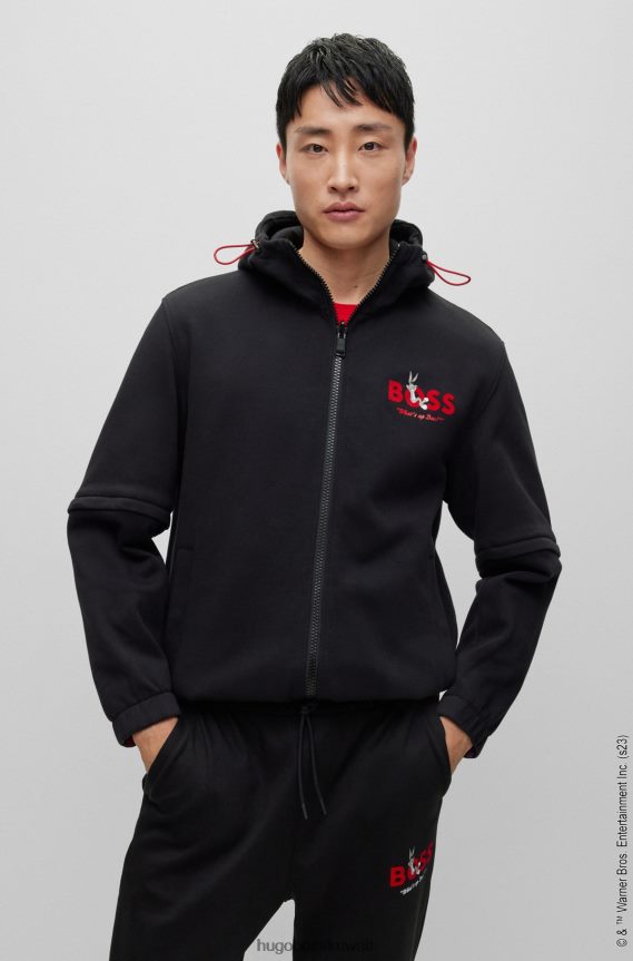 4TFNJN4377 أسود Hugo Boss سترة لوني تونز × ذات وجهين مع جوانب صلبة ومزينة بحروف واحدة