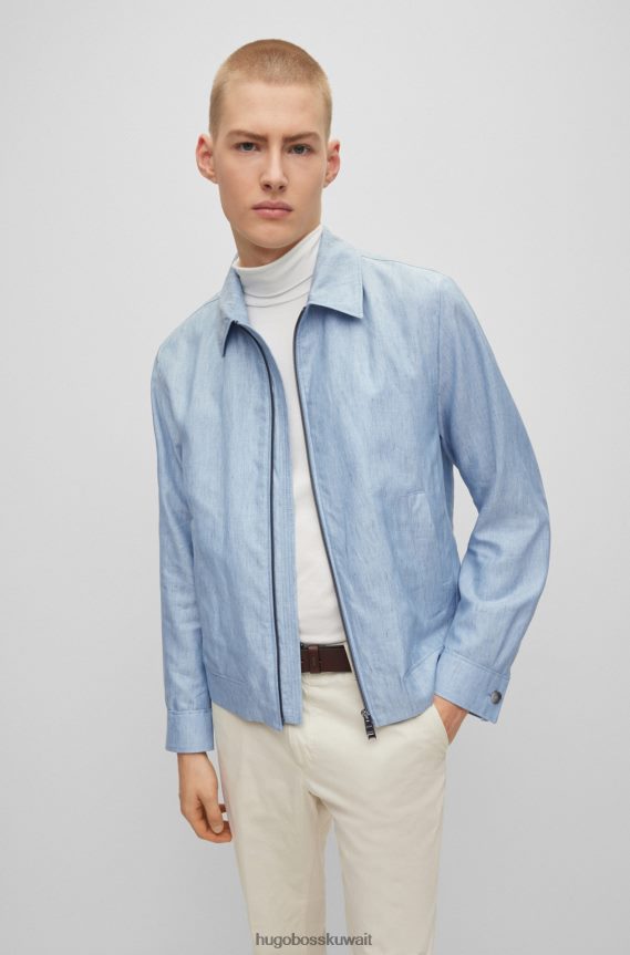 4TFNJN4380 أزرق فاتح Hugo Boss سترة Hugo ضيقة من الكتان والصوف البكر والحرير باللون الأزرق الفاتح