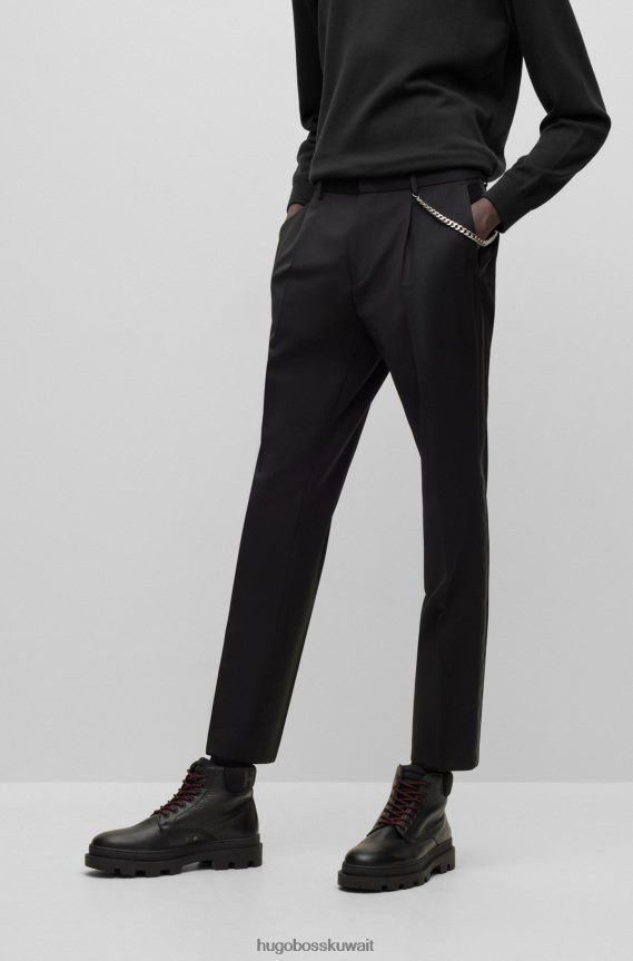 4TFNJN4382 أسود Hugo Boss بنطلون أسود من مزيج الصوف بقصة ضيقة للغاية مع تفاصيل سلسلة هوغو