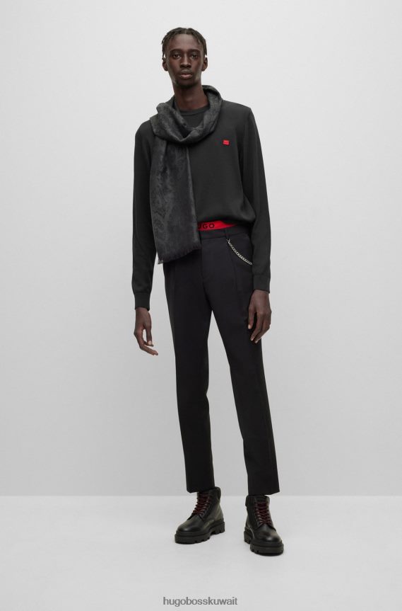 4TFNJN4382 أسود Hugo Boss بنطلون أسود من مزيج الصوف بقصة ضيقة للغاية مع تفاصيل سلسلة هوغو