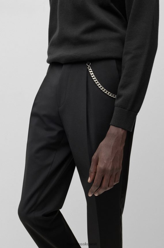 4TFNJN4382 أسود Hugo Boss بنطلون أسود من مزيج الصوف بقصة ضيقة للغاية مع تفاصيل سلسلة هوغو