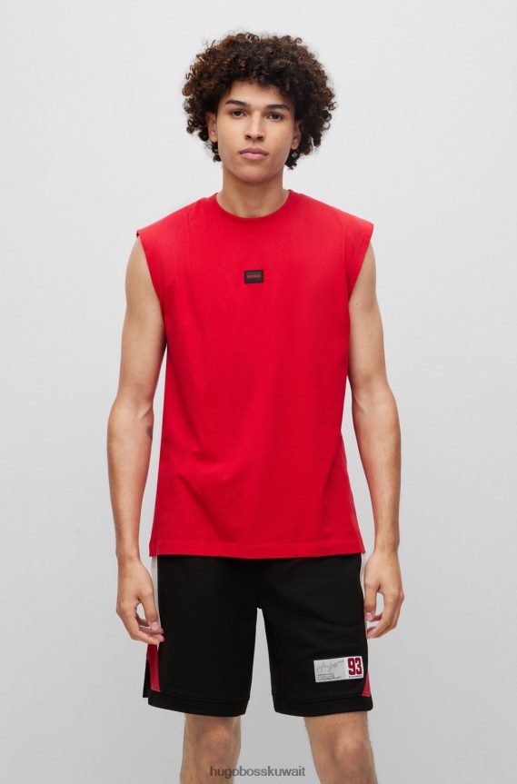 4TFNJN4389 أحمر Hugo Boss تي شيرت بدون أكمام من قطن الجيرسيه مع شعار هوغو باللون الأحمر
