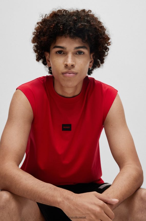4TFNJN4389 أحمر Hugo Boss تي شيرت بدون أكمام من قطن الجيرسيه مع شعار هوغو باللون الأحمر