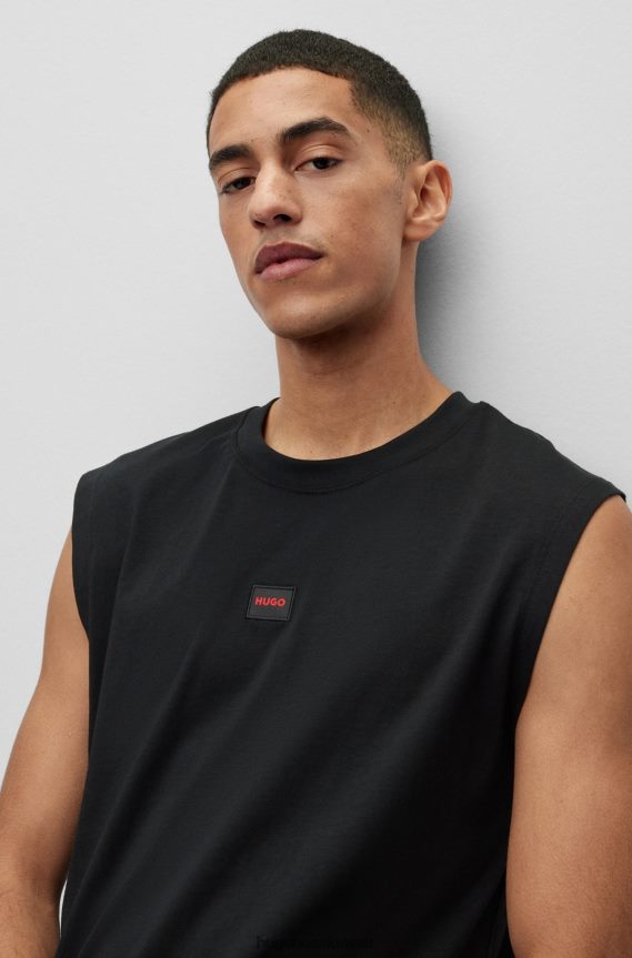 4TFNJN4390 أسود Hugo Boss تي شيرت أسود بدون أكمام مصنوع من قطن الجيرسيه مع شعار Hugo