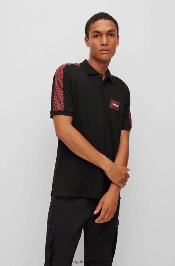 4TFNJN4391 أسود Hugo Boss قميص بولو من قطن بيكيه مع رقعة الشعار وإدخالات هوغو باللون الأسود