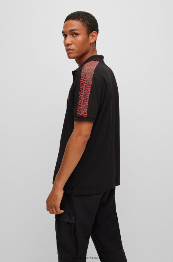 4TFNJN4391 أسود Hugo Boss قميص بولو من قطن بيكيه مع رقعة الشعار وإدخالات هوغو باللون الأسود