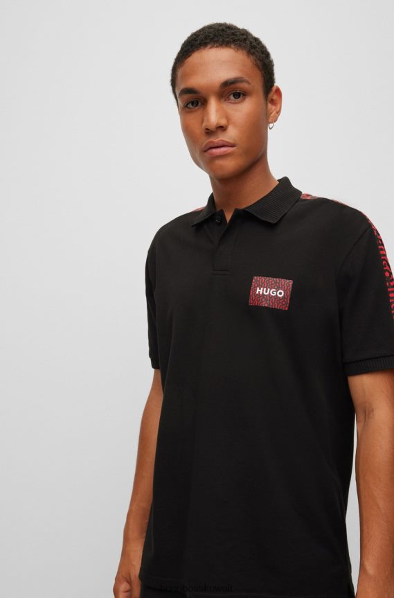4TFNJN4391 أسود Hugo Boss قميص بولو من قطن بيكيه مع رقعة الشعار وإدخالات هوغو باللون الأسود
