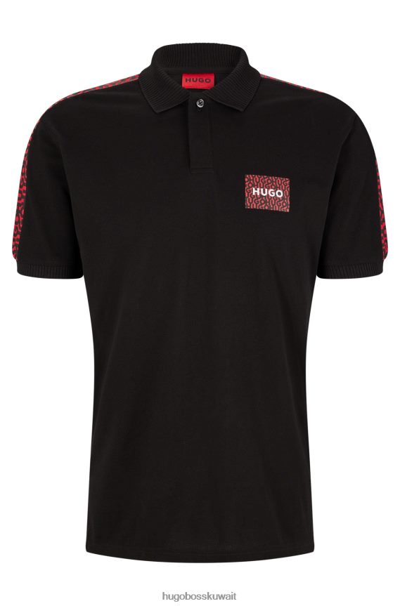 4TFNJN4391 أسود Hugo Boss قميص بولو من قطن بيكيه مع رقعة الشعار وإدخالات هوغو باللون الأسود