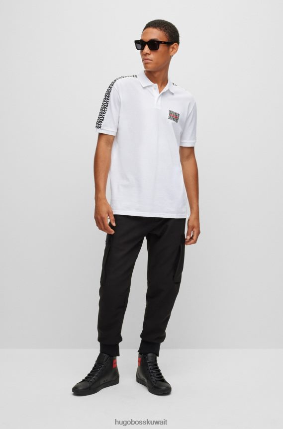4TFNJN4392 أبيض Hugo Boss قميص بولو أبيض من قطن بيكيه هوغو مع رقعة الشعار وإدخالاته