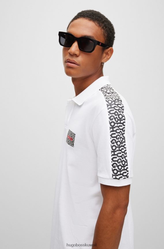 4TFNJN4392 أبيض Hugo Boss قميص بولو أبيض من قطن بيكيه هوغو مع رقعة الشعار وإدخالاته