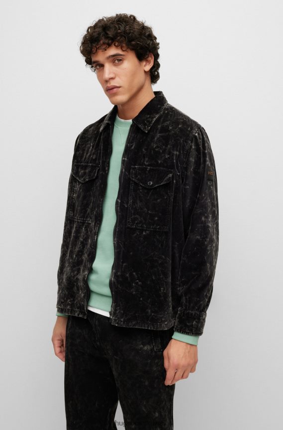 4TFNJN4409 أسود Hugo Boss قميص مقاس كبير من القطن المخملي بتأثير الثلج هوغو باللون الأسود