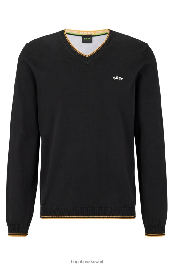 4TFNJN4425 أسود Hugo Boss سترة هوغو سوداء من القطن العضوي برقبة على شكل حرف V مع شعار منحني