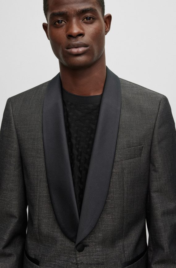 4TFNJN4427 الرمادي الداكن Hugo Boss سترة هوغو توكسيدو ذات مقاس عادي من نسيج قطني طويل من مزيج الصوف باللون الرمادي الداكن