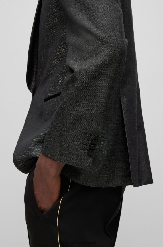 4TFNJN4427 الرمادي الداكن Hugo Boss سترة هوغو توكسيدو ذات مقاس عادي من نسيج قطني طويل من مزيج الصوف باللون الرمادي الداكن