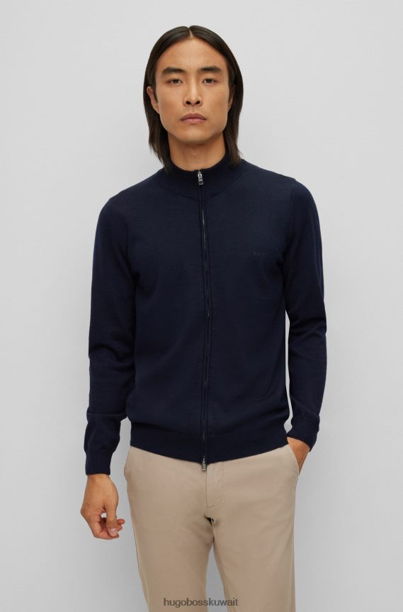 4TFNJN4431 أزرق غامق Hugo Boss كارديغان هوغو بسحاب من الصوف البكر باللون الأزرق الداكن مع شعار مطرز
