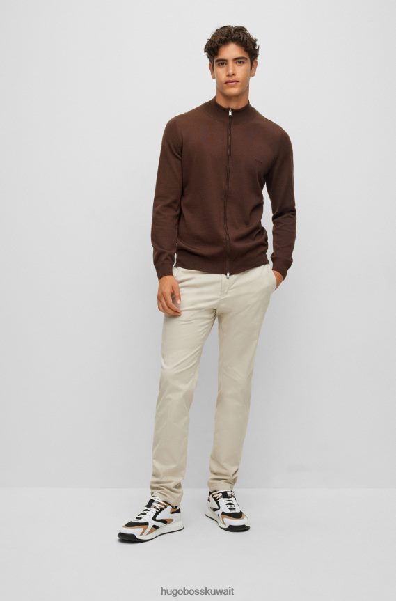 4TFNJN4432 بني Hugo Boss سترة هوغو ذات اللون البني بسحاب من الصوف البكر مع شعار مطرز