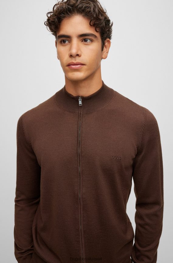 4TFNJN4432 بني Hugo Boss سترة هوغو ذات اللون البني بسحاب من الصوف البكر مع شعار مطرز