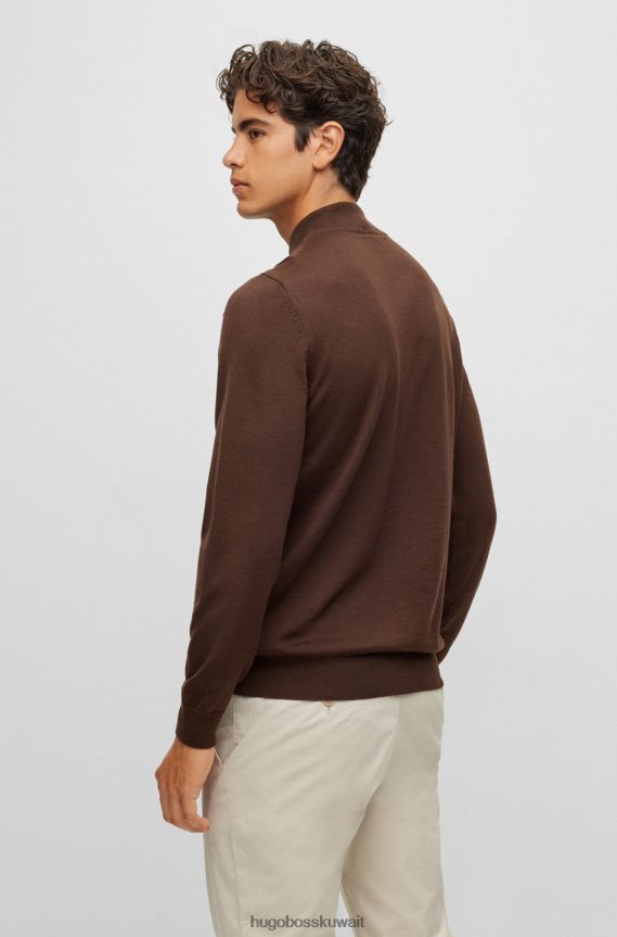 4TFNJN4432 بني Hugo Boss سترة هوغو ذات اللون البني بسحاب من الصوف البكر مع شعار مطرز