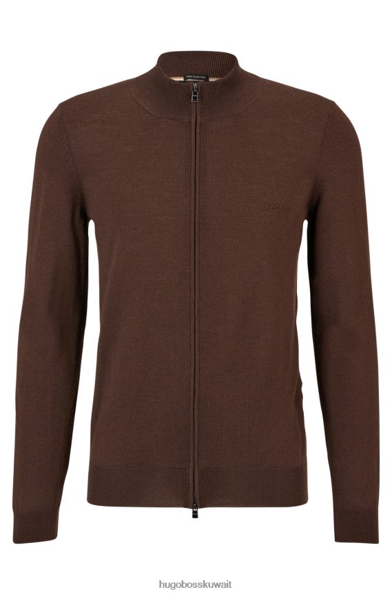 4TFNJN4432 بني Hugo Boss سترة هوغو ذات اللون البني بسحاب من الصوف البكر مع شعار مطرز
