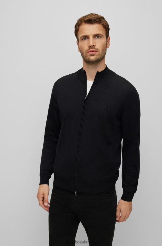 4TFNJN4433 أسود Hugo Boss سترة هوغو بسحاب من الصوف البكر مع شعار مطرز باللون الأسود