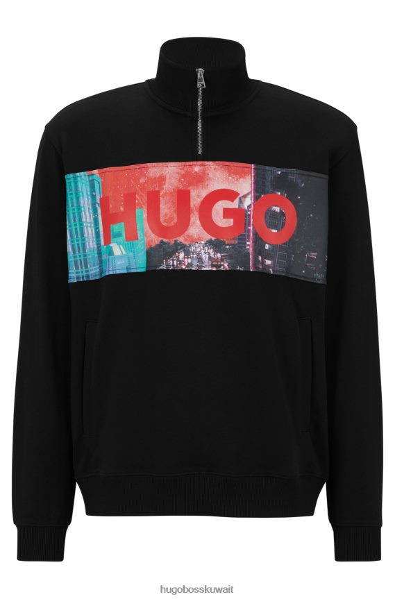 4TFNJN4436 أسود Hugo Boss سويت شيرت من قطن تيري برقبة بسحاب مع شعار عمل فني باللون الأسود