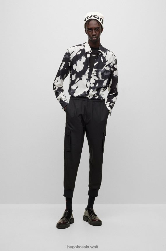 4TFNJN4456 أسود Hugo Boss قميص هوغو أسود بقصة ضيقة من قماش البوبلين المطبوع