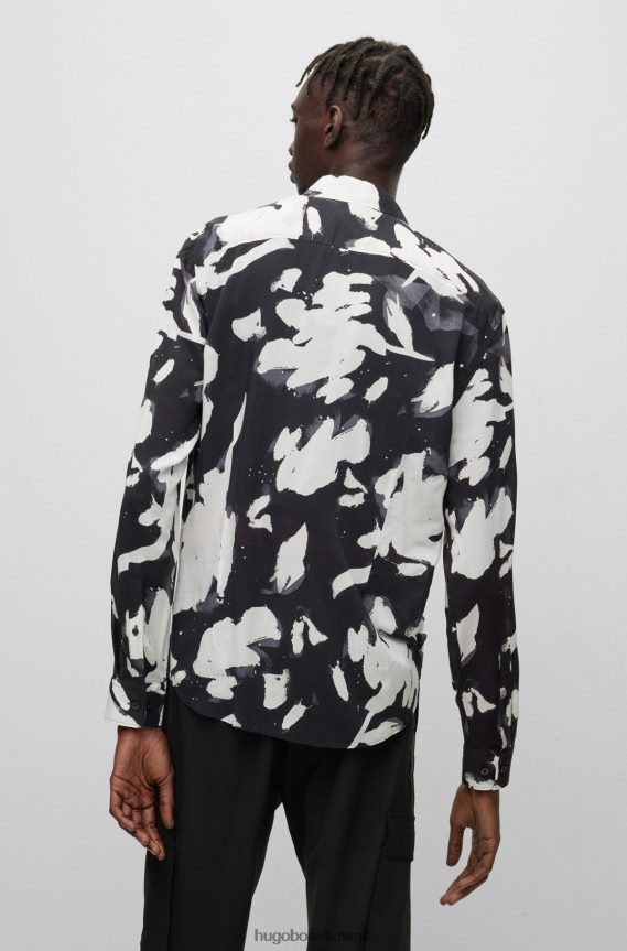 4TFNJN4456 أسود Hugo Boss قميص هوغو أسود بقصة ضيقة من قماش البوبلين المطبوع