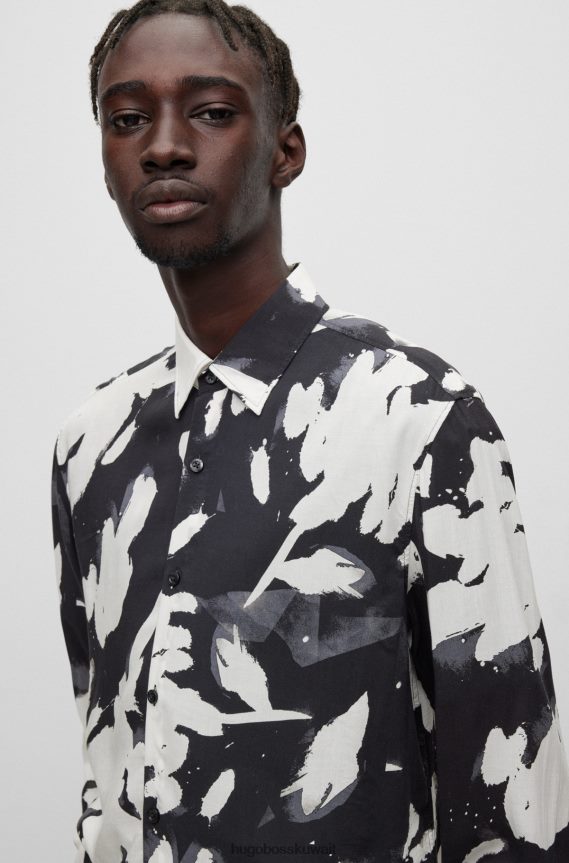 4TFNJN4456 أسود Hugo Boss قميص هوغو أسود بقصة ضيقة من قماش البوبلين المطبوع