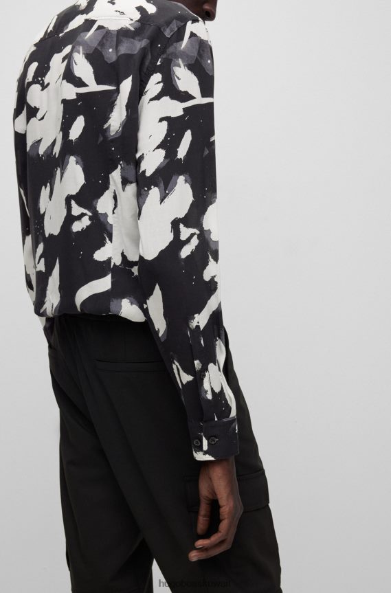 4TFNJN4456 أسود Hugo Boss قميص هوغو أسود بقصة ضيقة من قماش البوبلين المطبوع