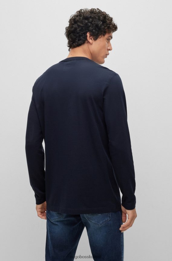 4TFNJN4457 أزرق غامق Hugo Boss تيشيرت Hugo باللون الأزرق الداكن بأكمام طويلة من القطن والحرير مع هيكل فقاعي