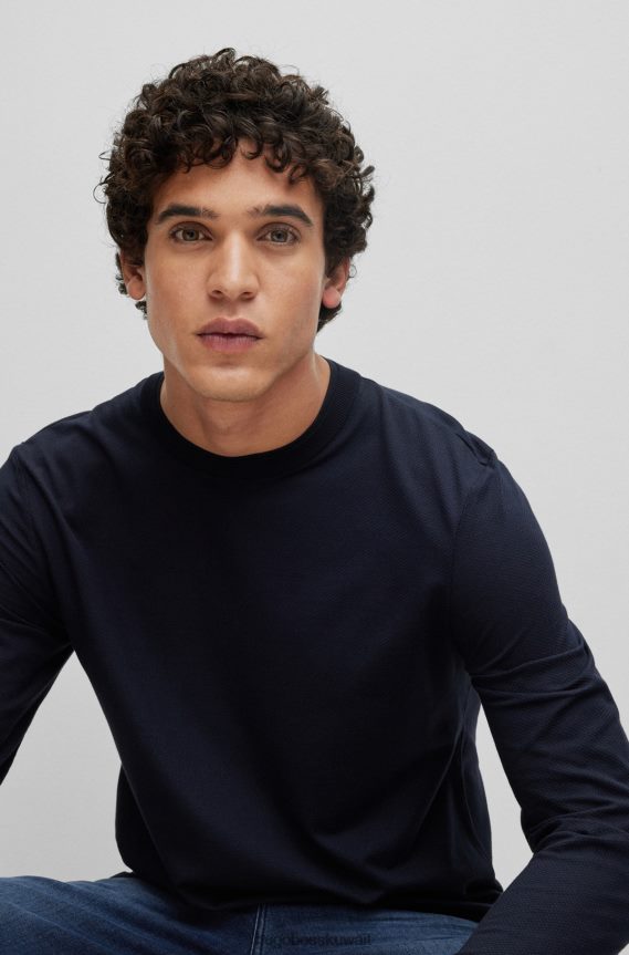 4TFNJN4457 أزرق غامق Hugo Boss تيشيرت Hugo باللون الأزرق الداكن بأكمام طويلة من القطن والحرير مع هيكل فقاعي