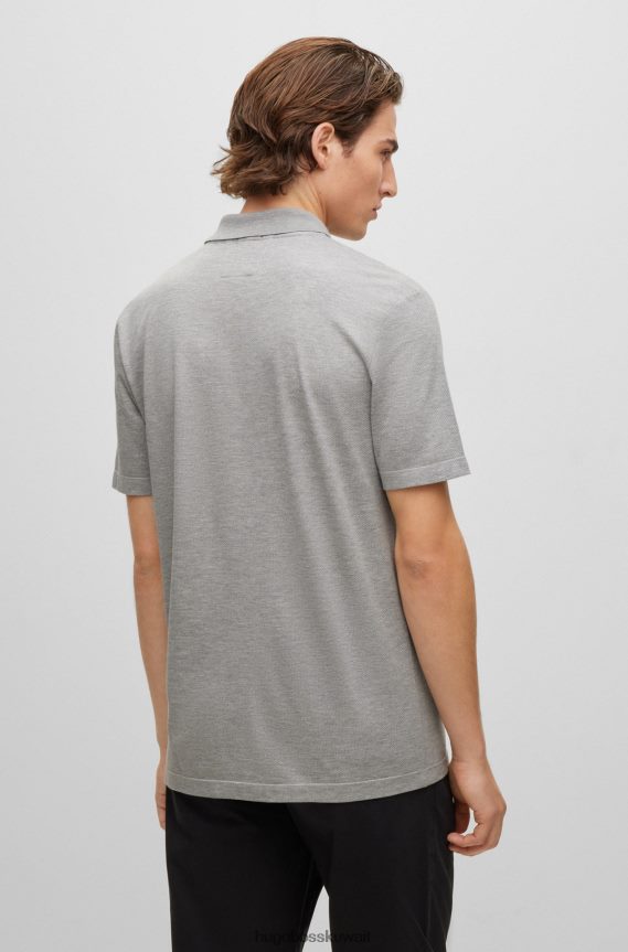 4TFNJN4460 رمادي فاتح Hugo Boss قميص بولو من القطن والحرير باللون الرمادي الفاتح مع هيكل فقاعي هوغو