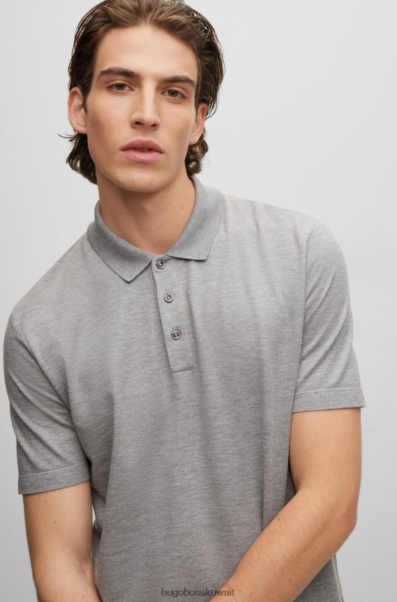 4TFNJN4460 رمادي فاتح Hugo Boss قميص بولو من القطن والحرير باللون الرمادي الفاتح مع هيكل فقاعي هوغو