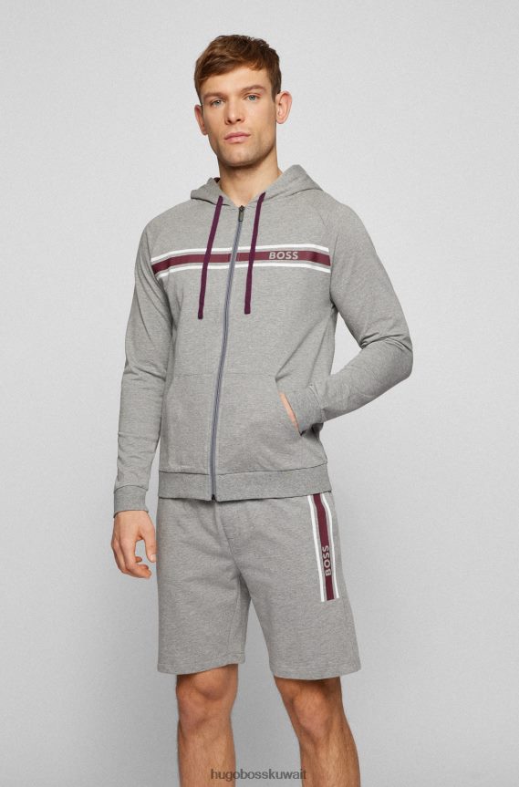 4TFNJN4482 رمادي Hugo Boss جاكيت بغطاء رأس من قطن تيري باللون الرمادي من هوغو مع خطوط وشعار