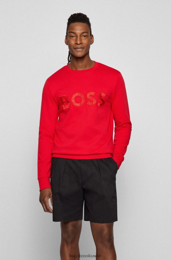 4TFNJN4483 أحمر Hugo Boss سويت شيرت من هوغو قطن تيري بقصة عادية مع شعار مطرز باللون الأحمر